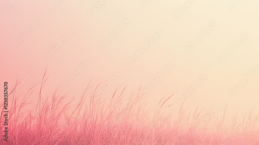 Obraz premium Soft Pink Grass Meadow Sunset Pastel Nature Background Scenic Summer Elegant Romantic Calm Peaceful Serene Tranquil Beautiful Sky Landscape