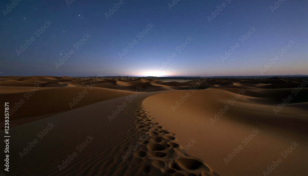 Fototapeta premium desert dunes at night with stars and crescent moon, colorful sky, photorealistic 