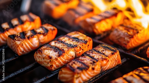 Delicious Grilled Salmon Fillets on a Hot BBQ Grill photo