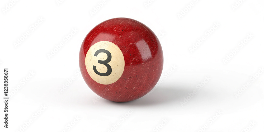 A Vibrant Red Billiard Ball with Number 3 Isolated on a White Background for Pool Games A Vibrant Red Billiard Ball with Number 3 Isolated on a White Background for Pool Games