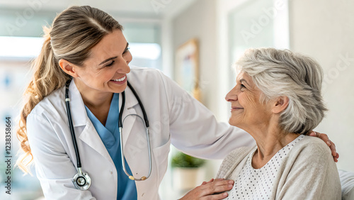 Caring Nurse Engaging with a Happy Elderly Woman in Clinic Setting