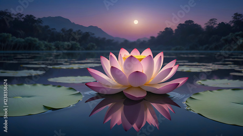 A glowing lotus flower floating on still water under a twilight sky, with gentle ripples radiating outward, creating a sense of calm and harmony