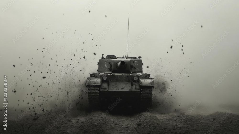 Fototapeta premium Tank advancing through dust cloud, battlefield, war, military power