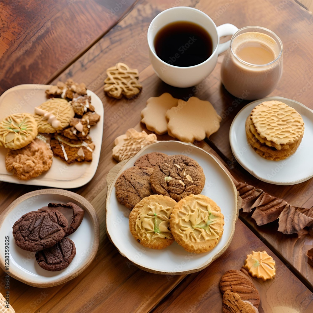 Fototapeta premium A beautifully arranged plate of assorted cookies with a golden-brown, crispy texture, placed on a cozy wooden table. The cookies are complemented by a steaming cup of hot beverage.