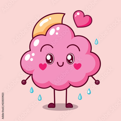 Cute cartoon pink cloud character with heart shower