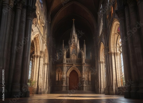 Tall church with a grand entrance and imposing facade , facade, arches photo