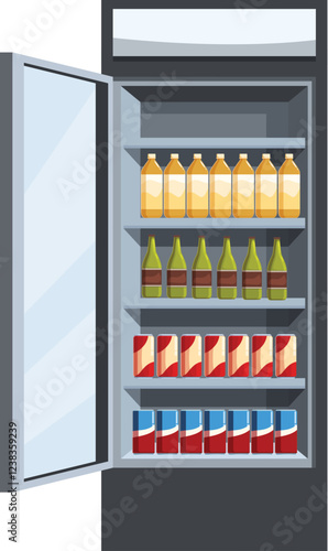 Open refrigerator displaying various bottled beverages and canned drinks on shelves, offering refreshing choices