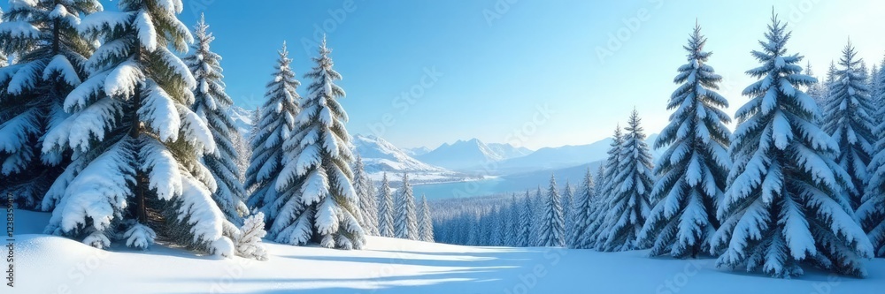 Tall evergreen trees with snow-covered branches and a clear blue sky, winter wonderland, snowy forest, cold scene Tall evergreen trees with snow-covered branches and a clear blue sky, winter wonderland, snowy forest, cold scene