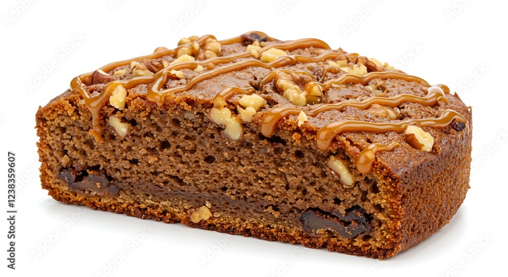 A sliced date cake topped with nuts and drizzled with syrup on a white plate. A sliced date cake topped with nuts and drizzled with syrup on a white plate.