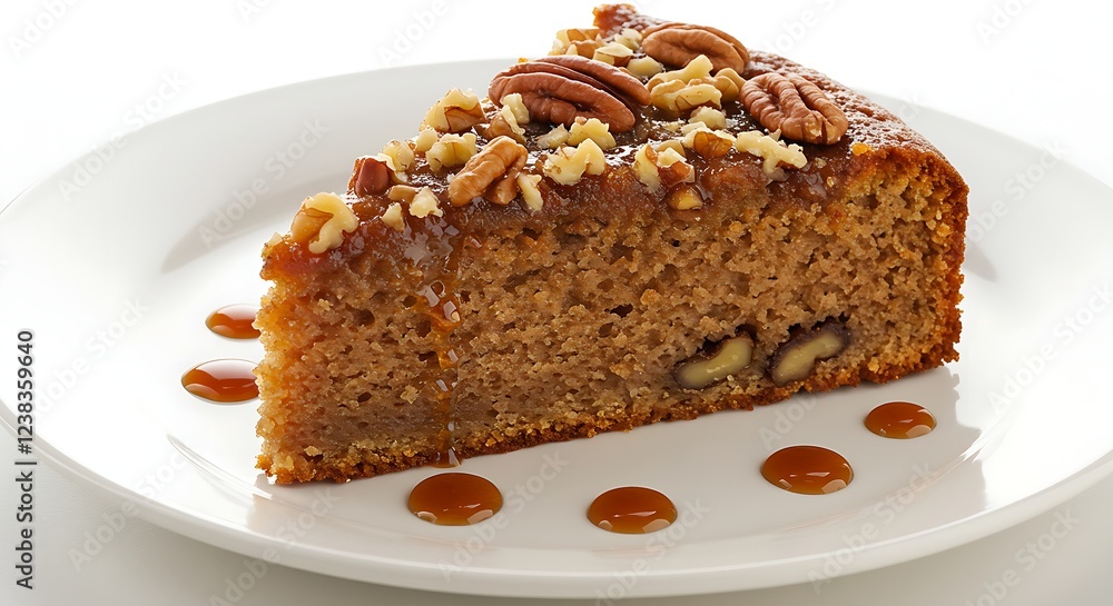 A sliced date cake topped with nuts and drizzled with syrup on a white plate. A sliced date cake topped with nuts and drizzled with syrup on a white plate.