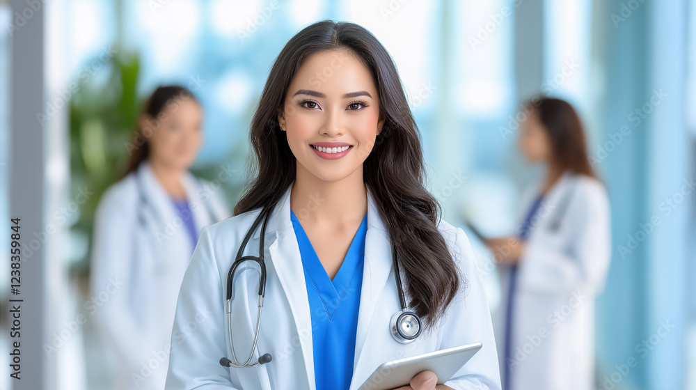 Professional healthcare team in a modern clinical office with a confident female doctor Professional healthcare team in a modern clinical office with a confident female doctor