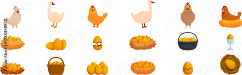 Golden eggs icons set. Golden eggs in wicker baskets and nests, hens and geese laying golden eggs, broken golden eggs, breeding poultry concept