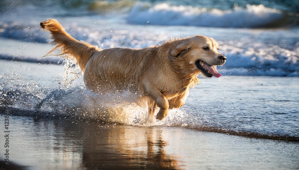 A golden retriever runs playfully through shallow water, enjoying a sunny day by the beach. A golden retriever runs playfully through shallow water, enjoying a sunny day by the beach.