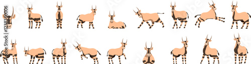 Arabian oryx icons set. Collection of oryx gazella in various positions, creating a comprehensive visual representation of this majestic animal