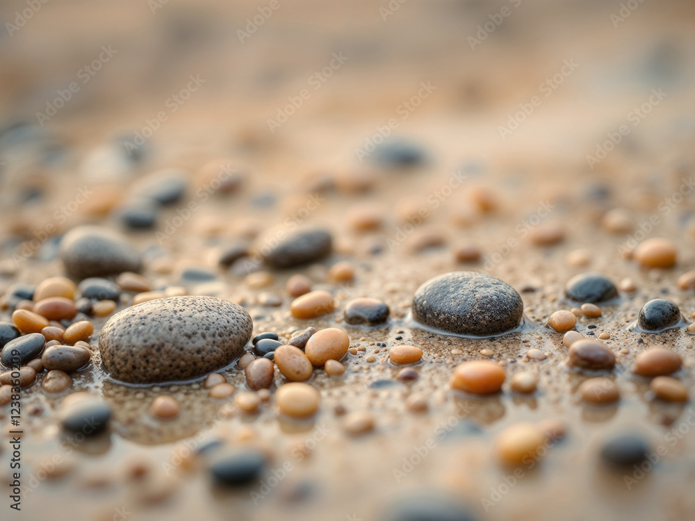Smooth pebbles rest on wet sand creating a calming beach scene Smooth pebbles rest on wet sand creating a calming beach scene
