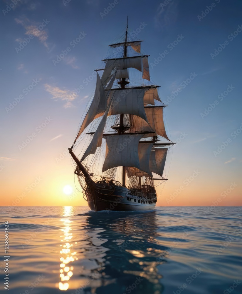 Obraz premium Tall ship sailing through crystal clear calm waters under a serene blue sky at sunset, peaceful, calm