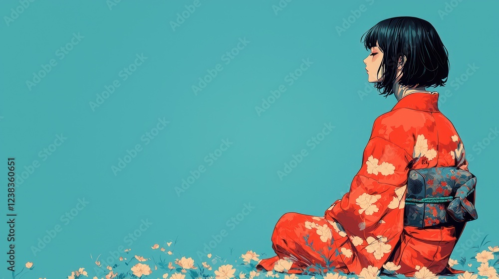 Serene Japanese Girl in Kimono Surrounded by Spring Flowers Serene Japanese Girl in Kimono Surrounded by Spring Flowers