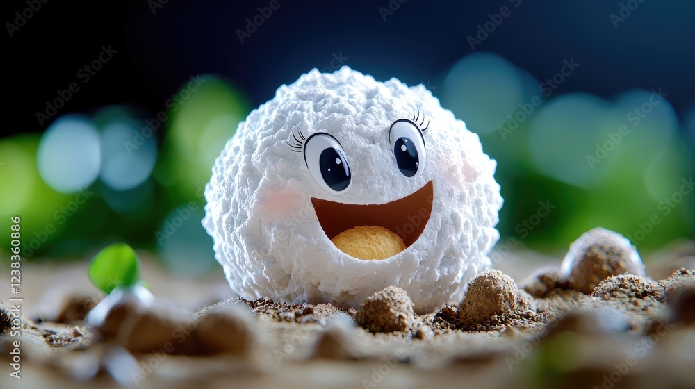 Obraz premium Cute white textured ball character smiling happily on a sandy ground with a blurry green background.