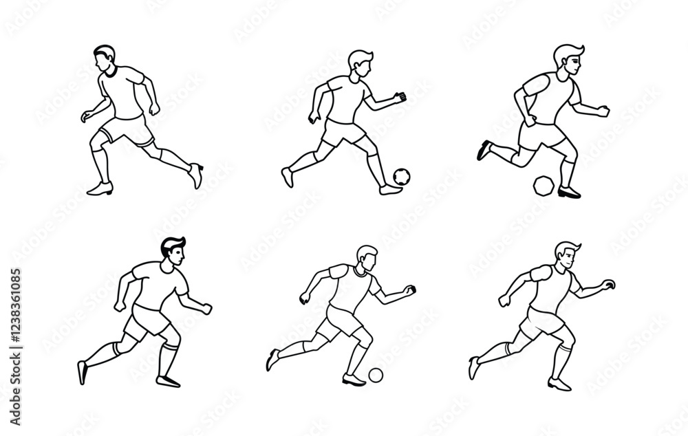 six stylized soccer players in various dynamic poses, showcasing different actions of play. six stylized soccer players in various dynamic poses, showcasing different actions of play.