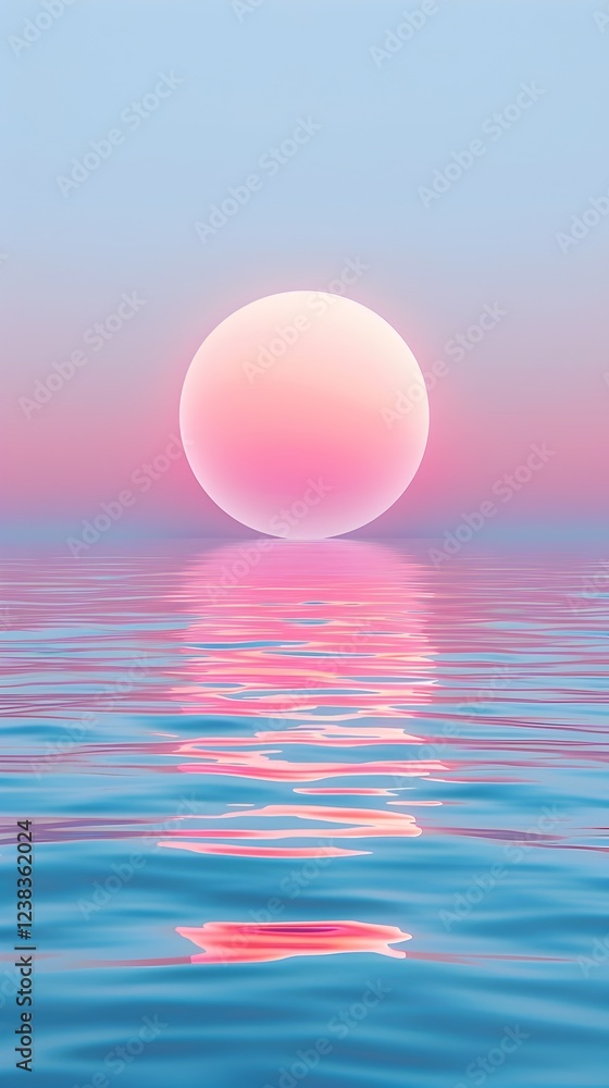 A large pink sun is reflected in the calm blue water A large pink sun is reflected in the calm blue water