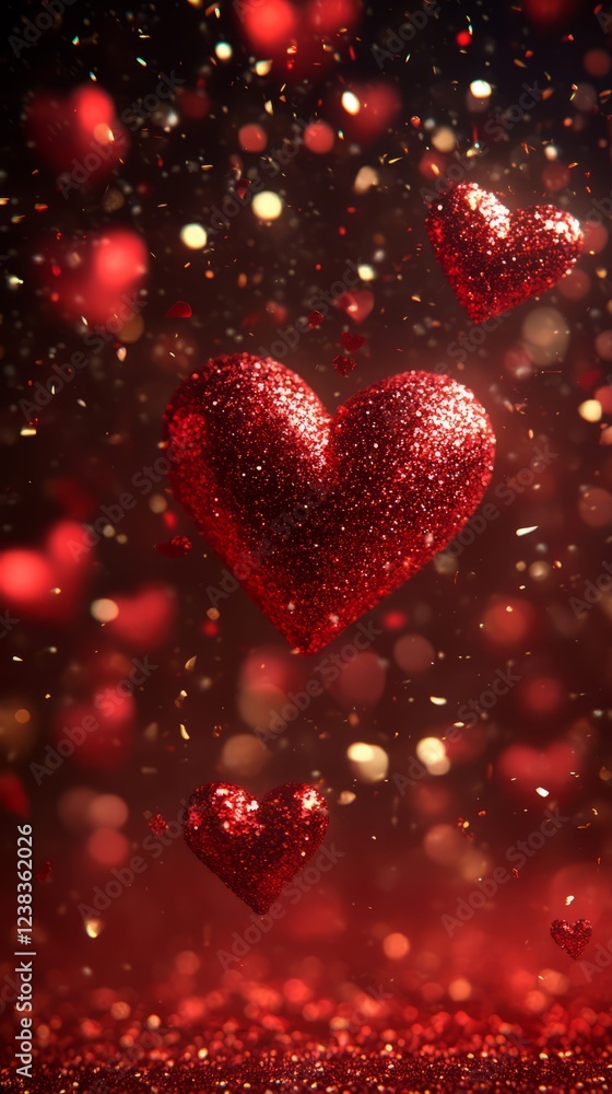 Red Glitter Hearts Falling On A Sparkling Background. Red Glitter Hearts Falling On A Sparkling Background.