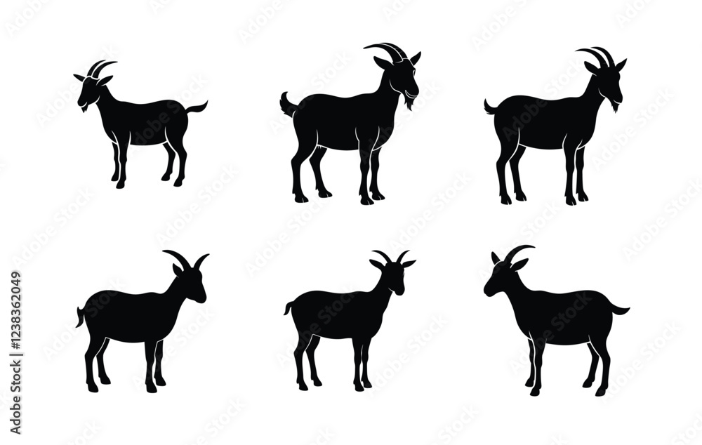 A collection of black silhouette images of goats, each in a different profile view. A collection of black silhouette images of goats, each in a different profile view.