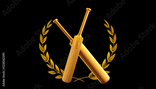 A golden cricket bat and ball crossed with laurel wreaths on a black background, symbolizing victory, championship, and excellence in sports, designed for cricket tournaments and awards.