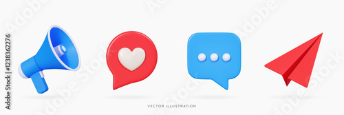3D Social media icon set. Blue megaphone, speech bubble message and red like, paper airplane. Digital marketing and online communication. Cartoon design icons isolated on white. 3D Vector illustration