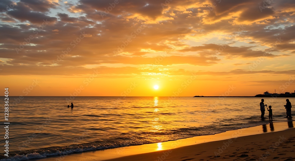 Obraz premium Stunning Sunset Beach Scene Family Silhouette Golden Hour