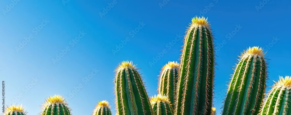 Cactus garden nature idea. A vibrant cactus with spines against a clear blue sky, embodying desert beauty. Cactus garden nature idea. A vibrant cactus with spines against a clear blue sky, embodying desert beauty.