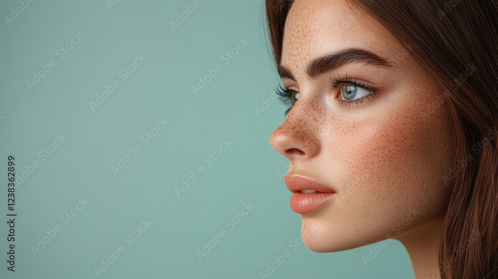 womans profile with freckles soft makeup and long brown hair womans profile with freckles soft makeup and long brown hair