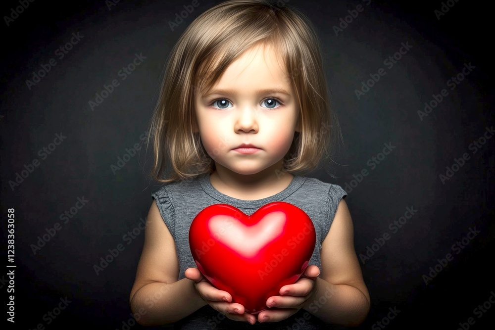 Commercial promotion visual idea. Сhildren valentine's day greeting card: toddler girl with begging eyes face holds red heart in hands. Sign of love. Love card with kids. Valentine's day mood. Commercial promotion visual idea. Сhildren valentine's day greeting card: toddler girl with begging eyes face holds red heart in hands. Sign of love. Love card with kids. Valentine's day mood.