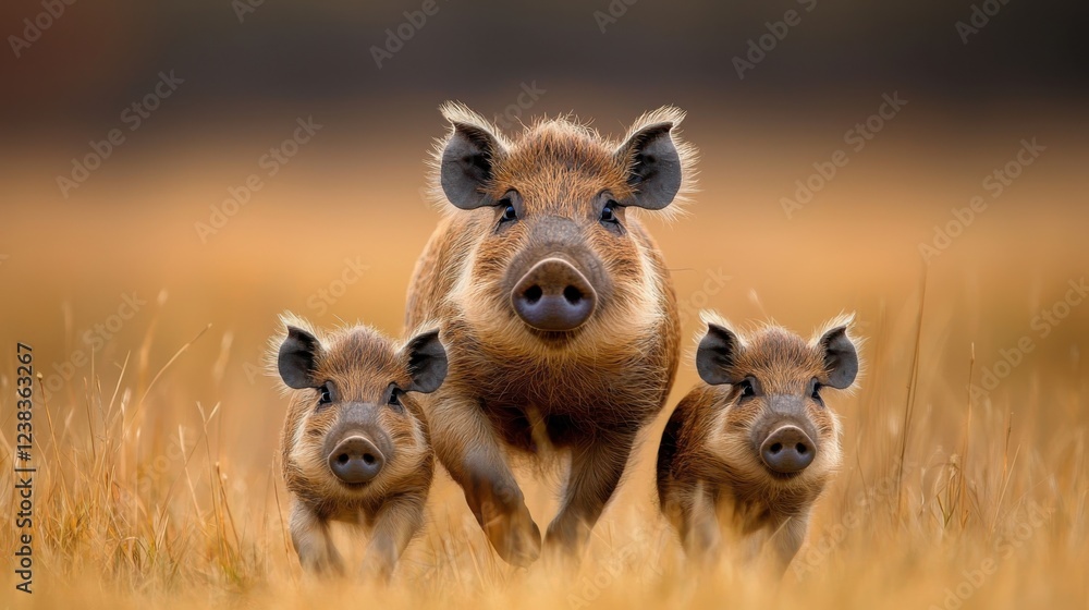 Fototapeta premium A Family of Warthogs Running Through Tall Grass in the African Savanna Landscape Warthogs are Herbivorous Mammals Native to Sub Saharan Africa