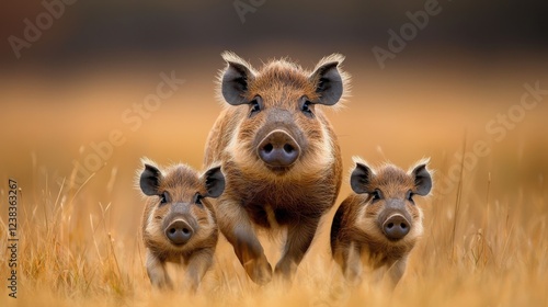 A Family of Warthogs Running Through Tall Grass in the African Savanna Landscape  Warthogs are Herbivorous Mammals Native to Sub Saharan Africa photo