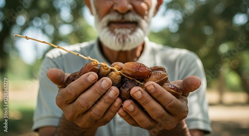 A person holding a handful of fresh dates still attached to their stems. photo