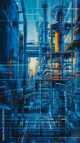A blue and orange industrial building with a lot of pipes