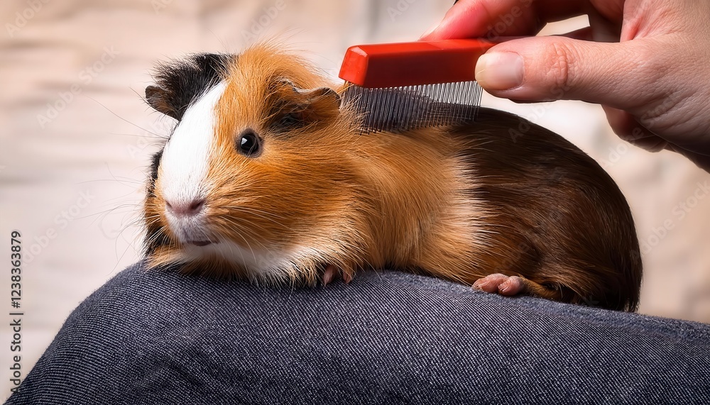 This adorable guinea pig is being lovingly groomed on a cozy lap, showcasing its vibrant fur. This adorable guinea pig is being lovingly groomed on a cozy lap, showcasing its vibrant fur.