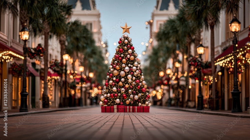 Fototapeta premium A towering meticulously decorated Christmas tree stands proudly in the center of a bustling city street