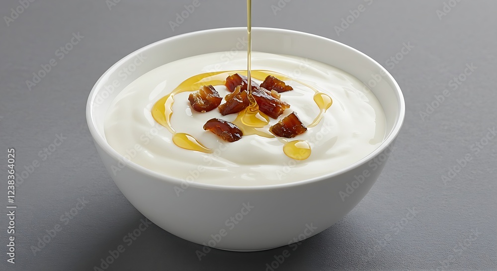 A bowl of creamy yogurt topped with chopped dates and a drizzle of honey. A bowl of creamy yogurt topped with chopped dates and a drizzle of honey.