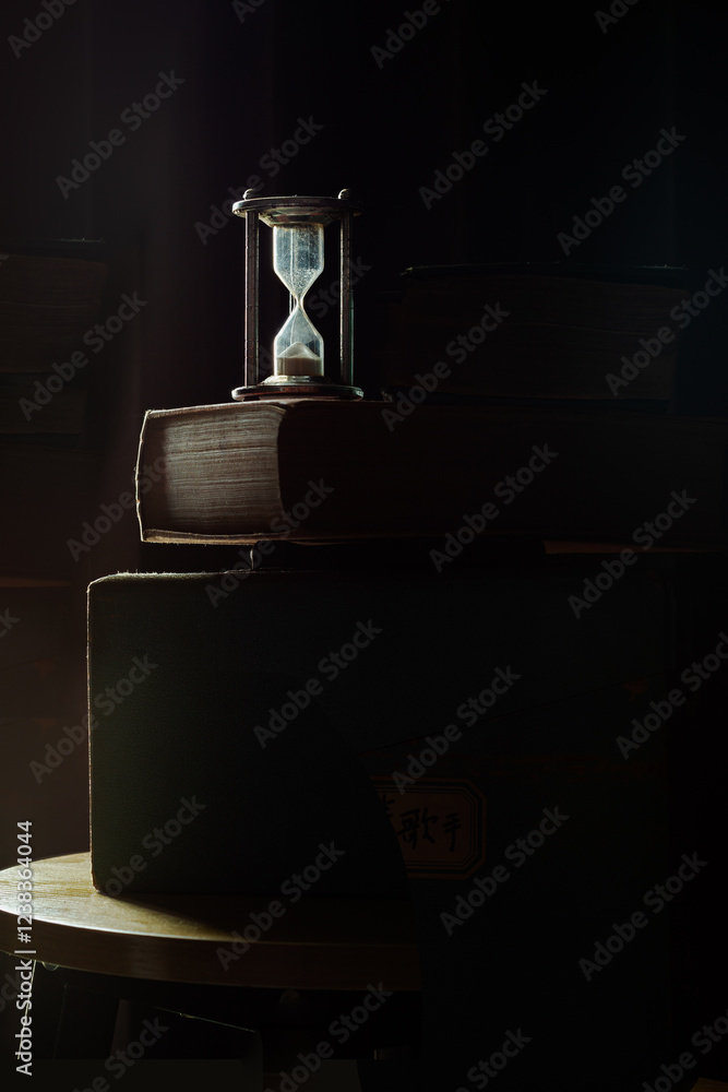 The morning sun shines hits some parts of Silver hourglass and old books in the dark room. Light and Shadow of Sandglass with ancient books on wooden round table, use it as your Space for text, Design