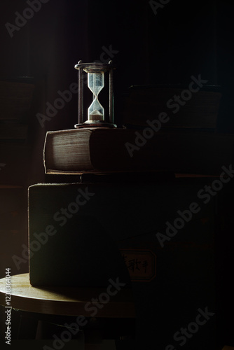 Obraz na płótnie The morning sun shines hits some parts of Silver hourglass and old books in the dark room. Light and Shadow of Sandglass with ancient books on wooden round table, use it as your Space for text, Design w salonie