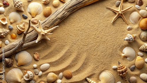 Textured sandy beige background with shells, pebbles, and driftwood scattered in a random manner, pebbles, driftwood, rustic charm, coastal style photo