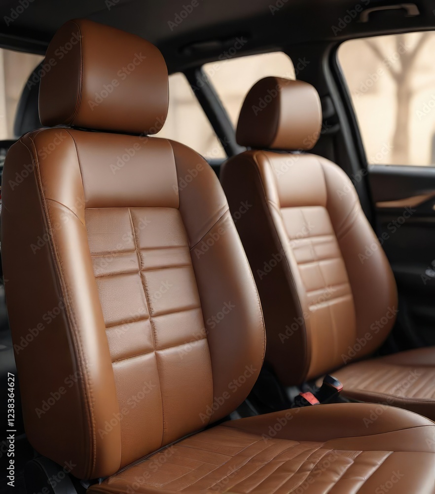 Fototapeta premium Texture of leather car seat with blurred interior of luxury car in the background, luxury car, leather