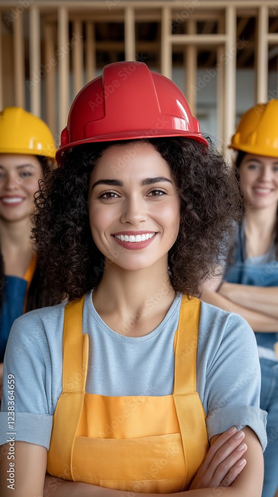Confident women in hard hats work on house renovation showcasing teamwork and empowerment Confident women in hard hats work on house renovation showcasing teamwork and empowerment