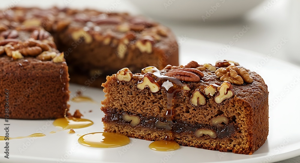 A sliced date cake topped with nuts and drizzled with syrup on a white plate. A sliced date cake topped with nuts and drizzled with syrup on a white plate.