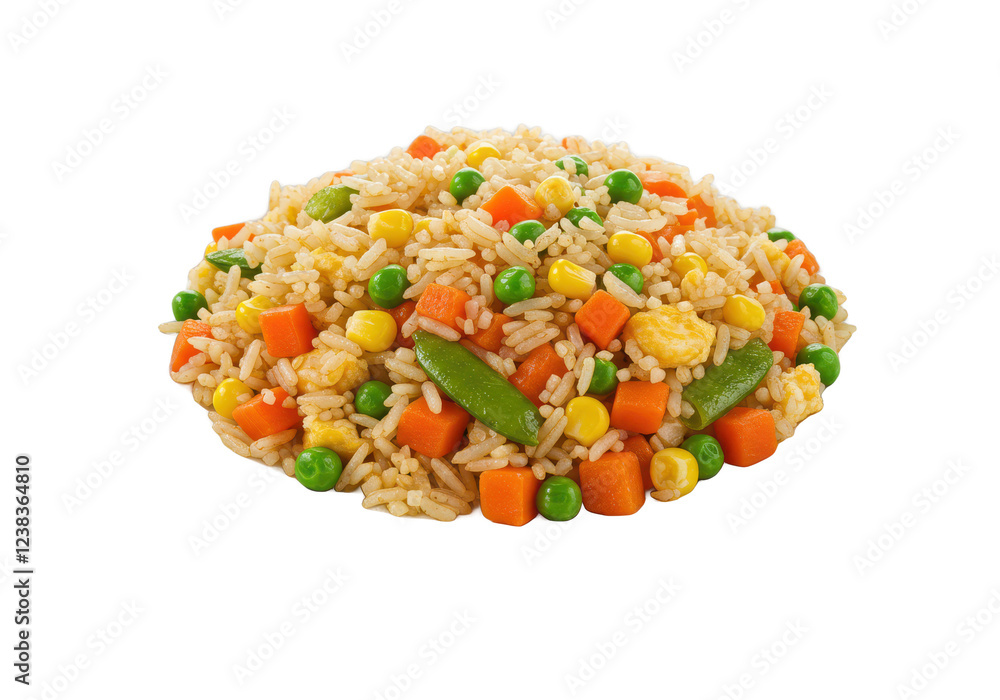 Fried rice with vegetables isolated on white background, front view, no depth of field, sharp. Fried rice with vegetables isolated on white background, front view, no depth of field, sharp.