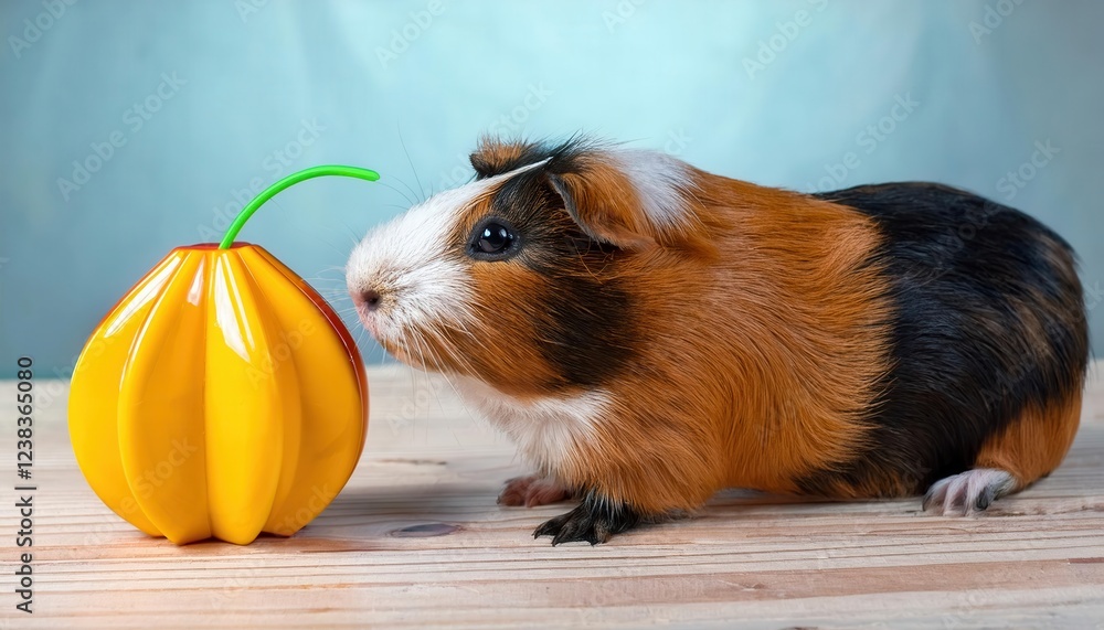 Fototapeta premium A cheerful guinea pig curiously explores a bright yellow toy in a cozy, sunny space.