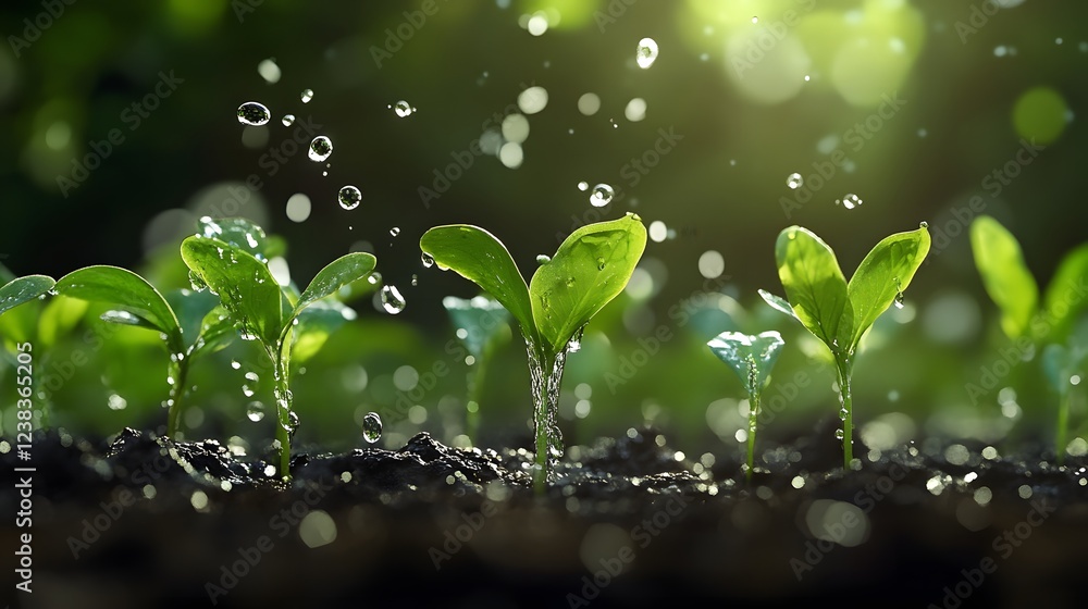 New Growth, New Beginnings: A close-up shot of fresh green seedlings emerging from rich soil, bathed in the gentle rain of a refreshing spring shower. The sunlight shines through the droplets. New Growth, New Beginnings: A close-up shot of fresh green seedlings emerging from rich soil, bathed in the gentle rain of a refreshing spring shower. The sunlight shines through the droplets.
