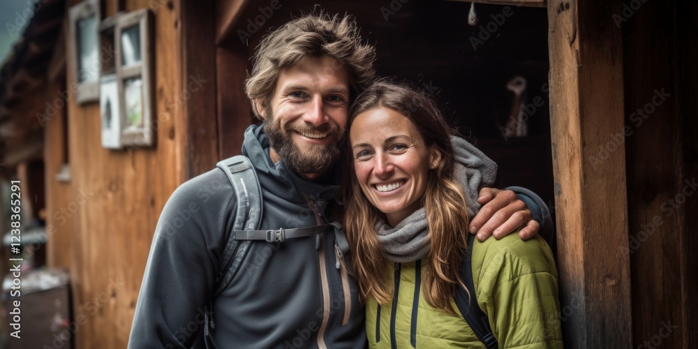 Couple on balcony of a mountain hut, smiling. Generative AI. Couple on balcony of a mountain hut, smiling. Generative AI.