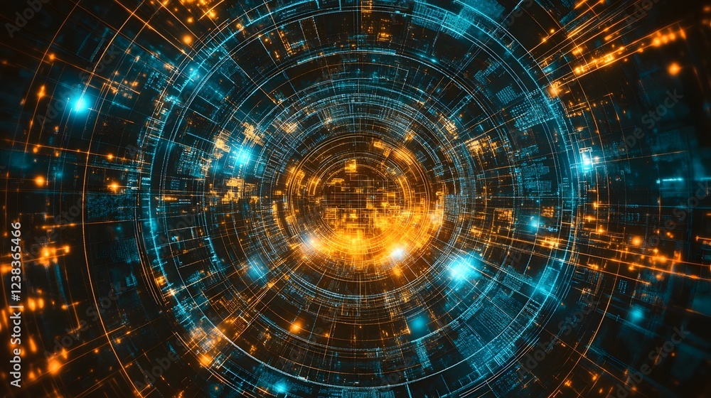 Cybernetic Vortex: An abstract digital art piece depicting a mesmerizing vortex of glowing blue and orange circuitry, creating a sense of futuristic energy and technological advancement. Cybernetic Vortex: An abstract digital art piece depicting a mesmerizing vortex of glowing blue and orange circuitry, creating a sense of futuristic energy and technological advancement.
